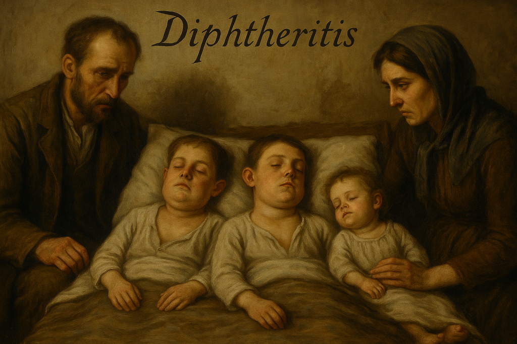 19th-century style painting of three sick children in bed with diphtheria, watched over by grieving parents in a modest Slovenian home