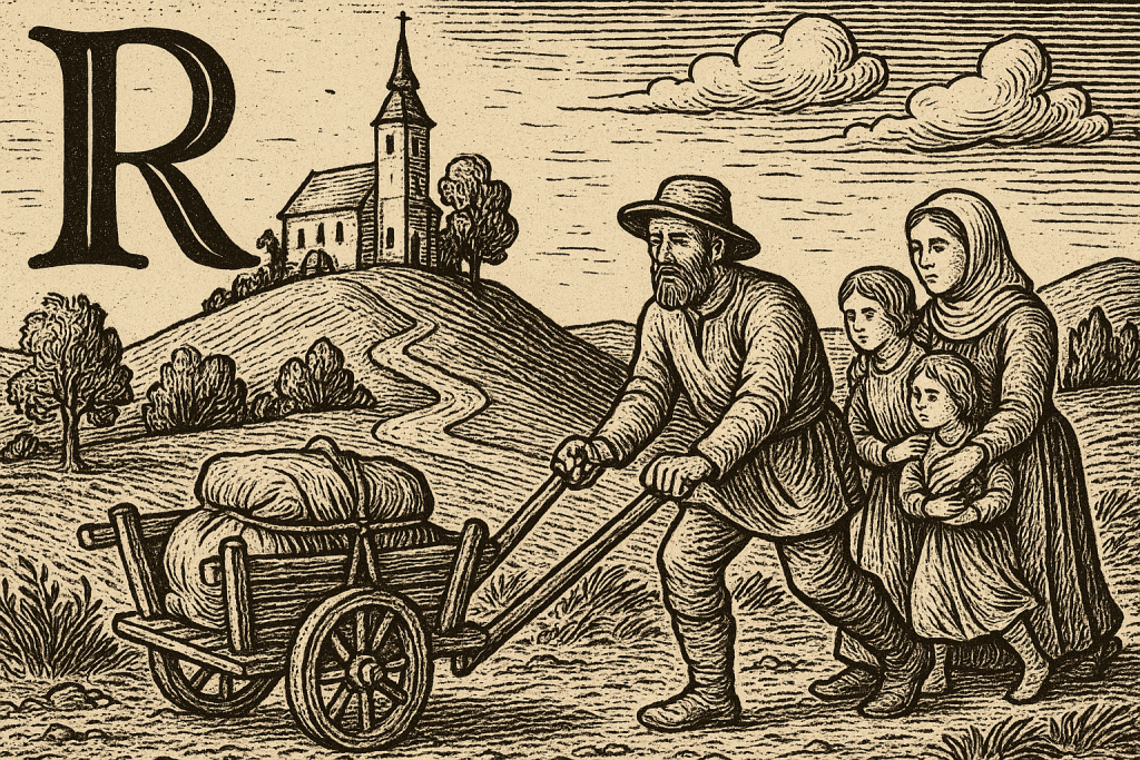 16th-century style woodcut illustration of a family migrating on foot near the pilgrimage church of Zaplaz, symbolizing the origin of the surname Razboršek.