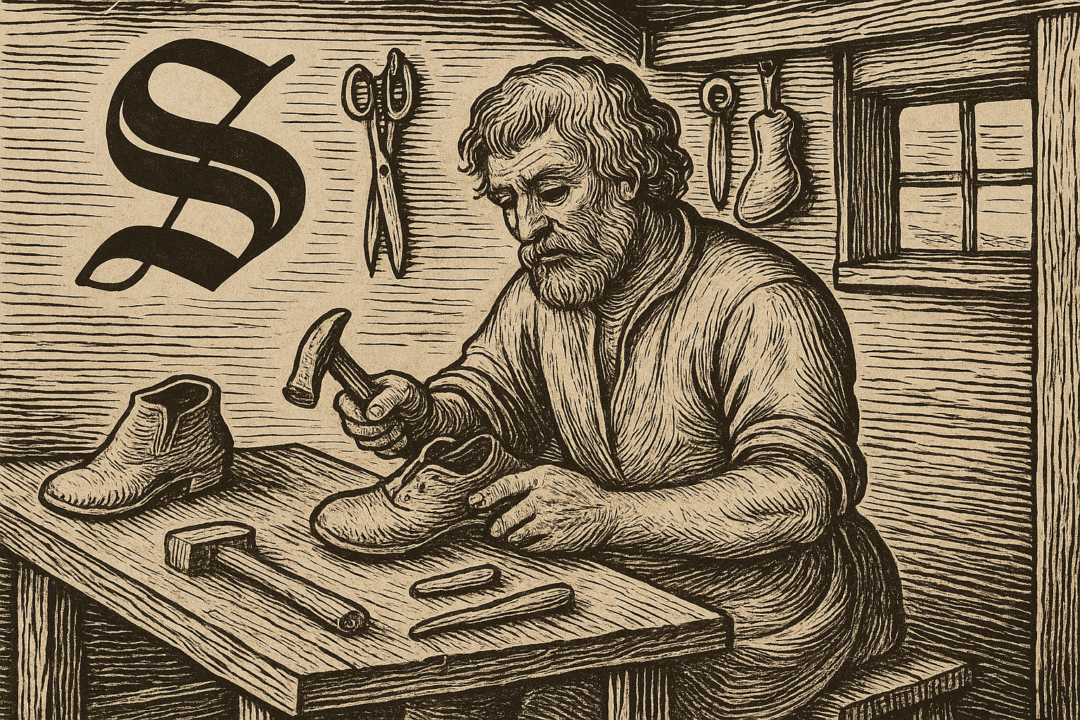 Woodcut-style 16th-century illustration of a shoemaker working in a rustic workshop, with a large decorative letter S.