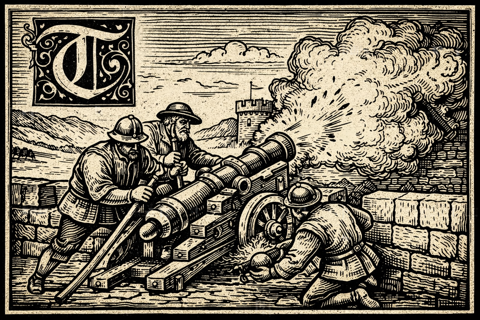 16th-century woodcut-style illustration of an artillery crew firing a cannon from a castle wall during Ottoman raids in Carniola