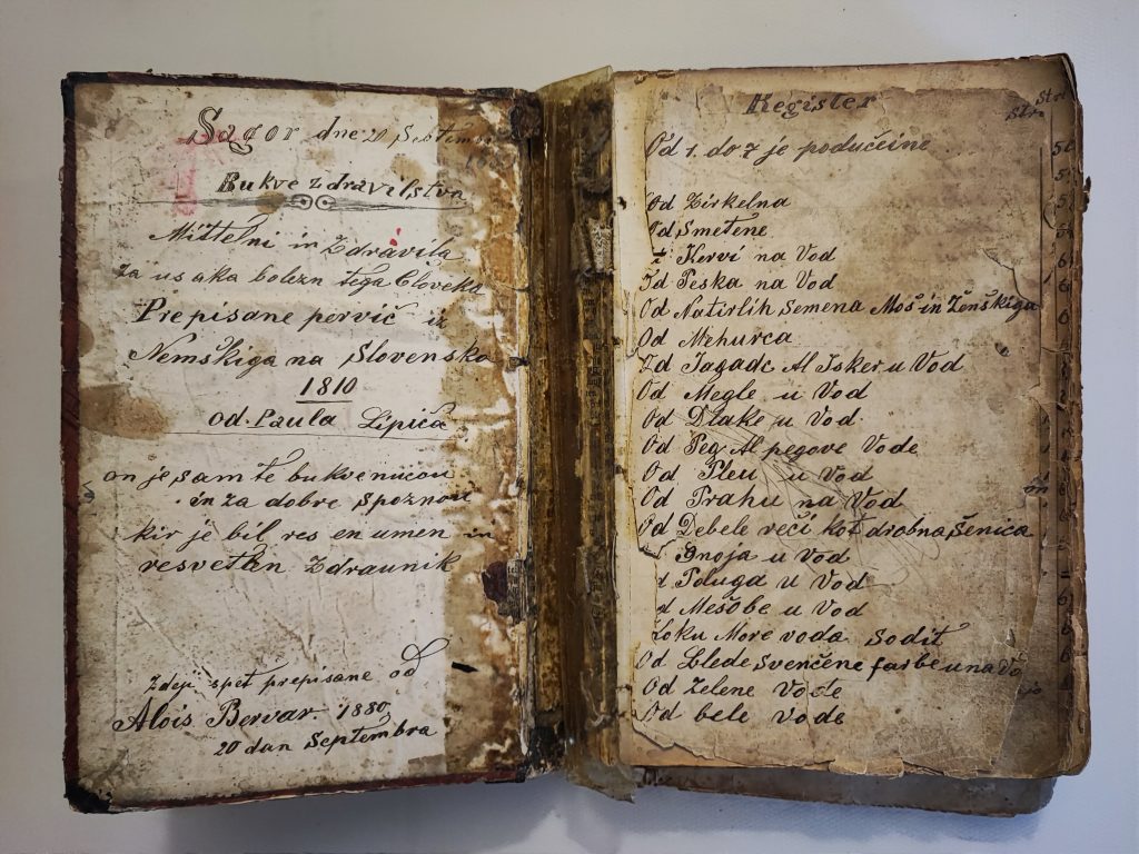 Photograph of the 1880 handwritten folk healing book Bukve zdravilstva, copied by Alojz Brvar from an 1810 Slovenian padar manual.