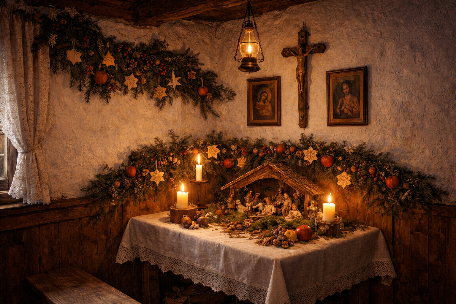 Traditional Christmas decoration of the bohkov kot with evergreen branches and paper ornaments in a Slovenian rural house