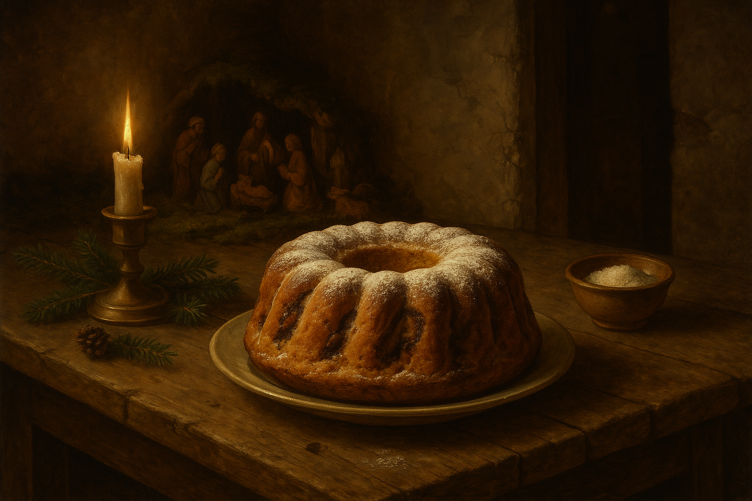 Traditional Slovenian potica on a wooden table during Christmas in a 19th-century farmhouse, with nativity figurines and candlelight.