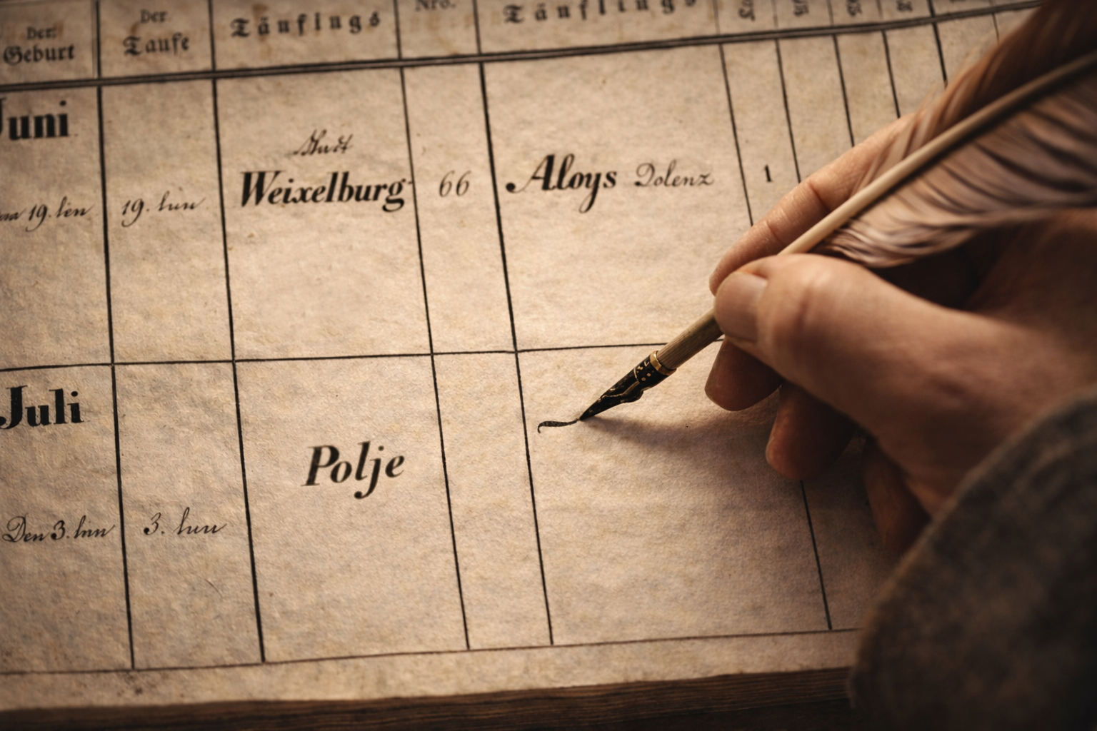 Close-up of a 19th-century German parish register from Slovenia showing the name Johann being written with a quill pen