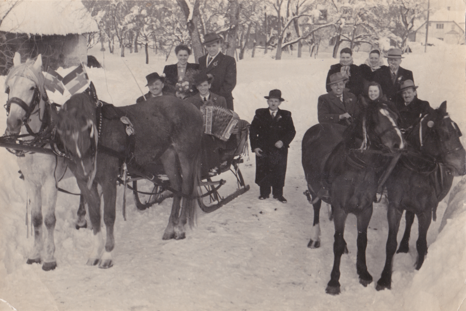 Wedding guests traveling by horse-drawn sleigh during the severe winter of 1952 in Ivančna Gorica, Slovenia, with snow higher than the people