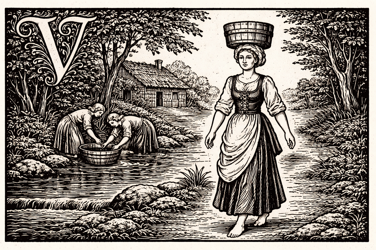 Woman carrying water from a stream in 16th-century Slovenia, woodcut-style illustration, reflecting the origin of the surname Vodopivec