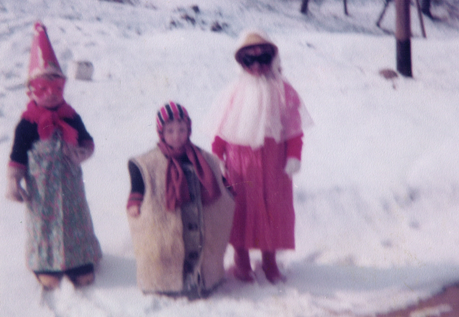 Child in homemade Slovenian Carnival costume in 1982 with family