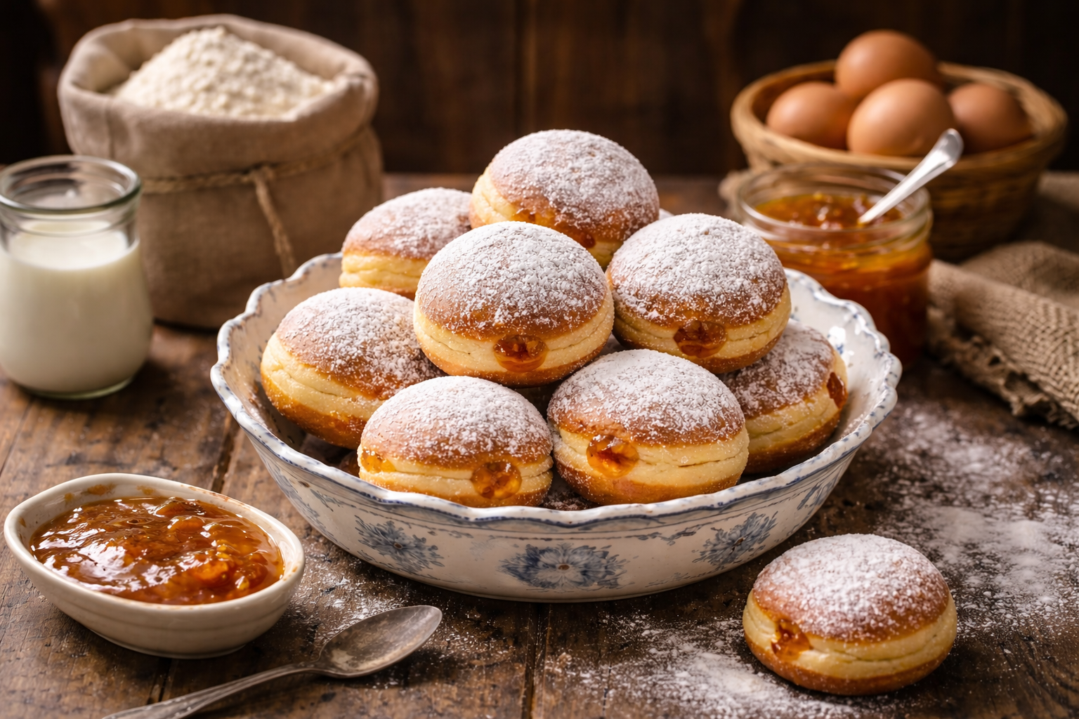Traditional Slovenian Carnival doughnuts (krofi) served in ceramic pastry bowl in early 20th century rural kitchen setting