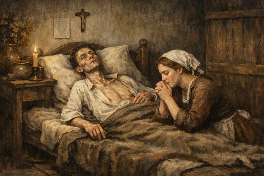 Young man dying of tuberculosis in a 19th-century rural Slovenian home, emaciated and lying in a simple wooden bed while his wife kneels beside him in prayer