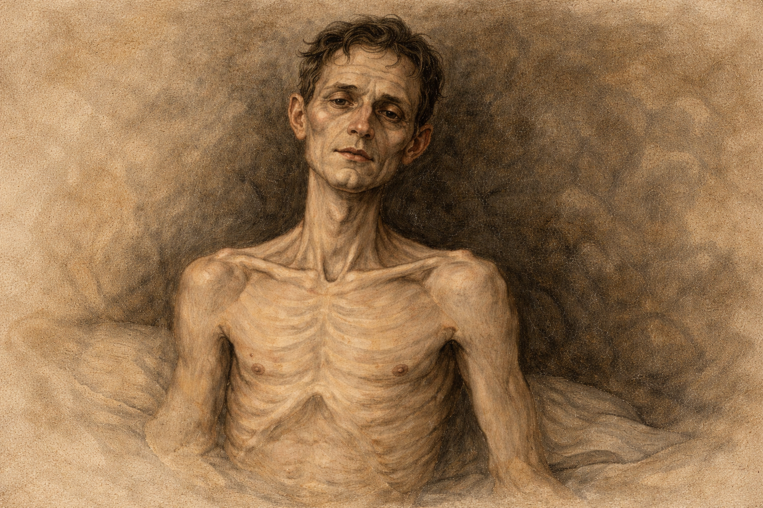Emaciated man exhausted by advanced tuberculosis, shown in a realistic 19th-century style portrait with sunken cheeks and visible ribs
