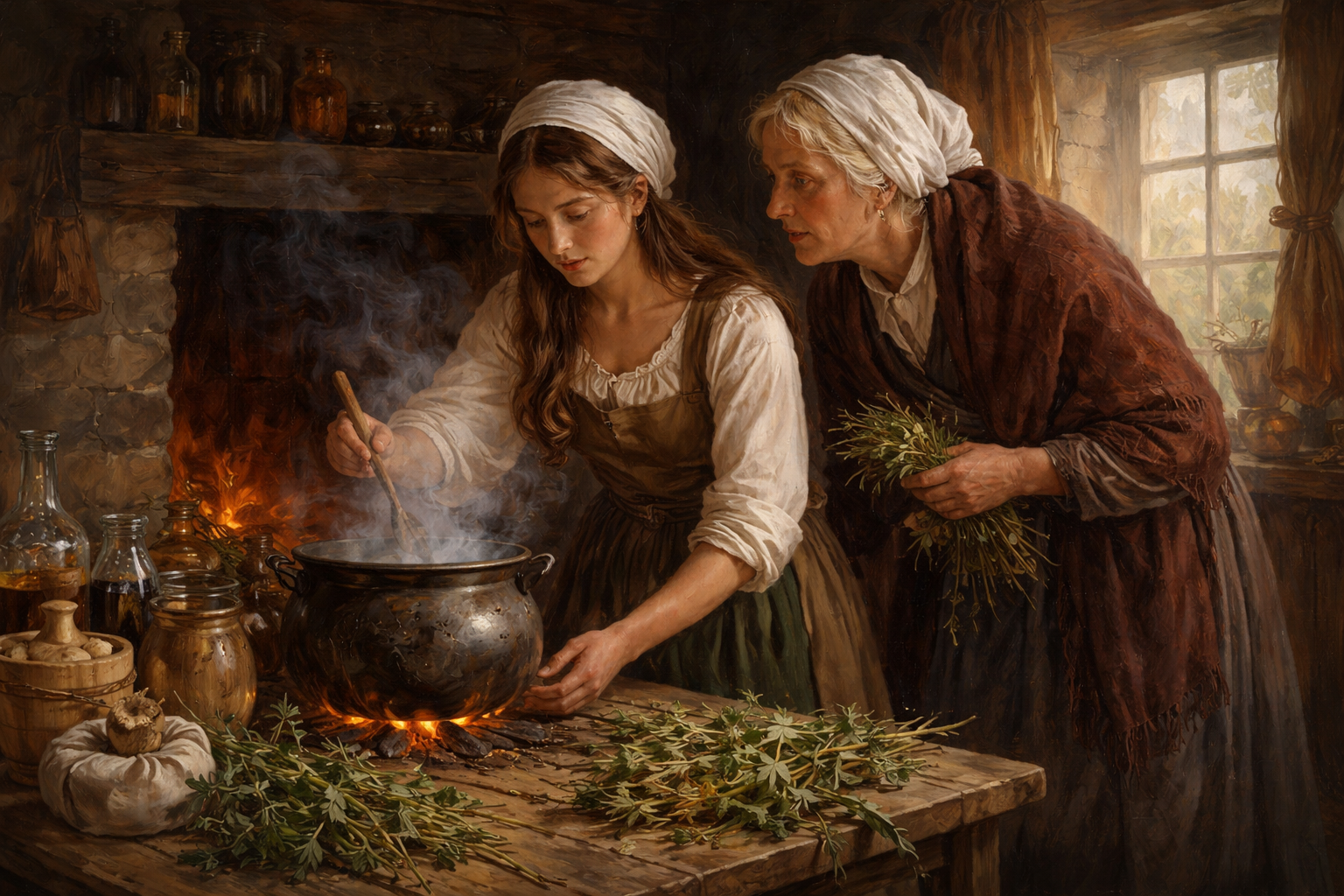 19th century Slovenian rural women preparing herbal mixture for abortion in a traditional cottage