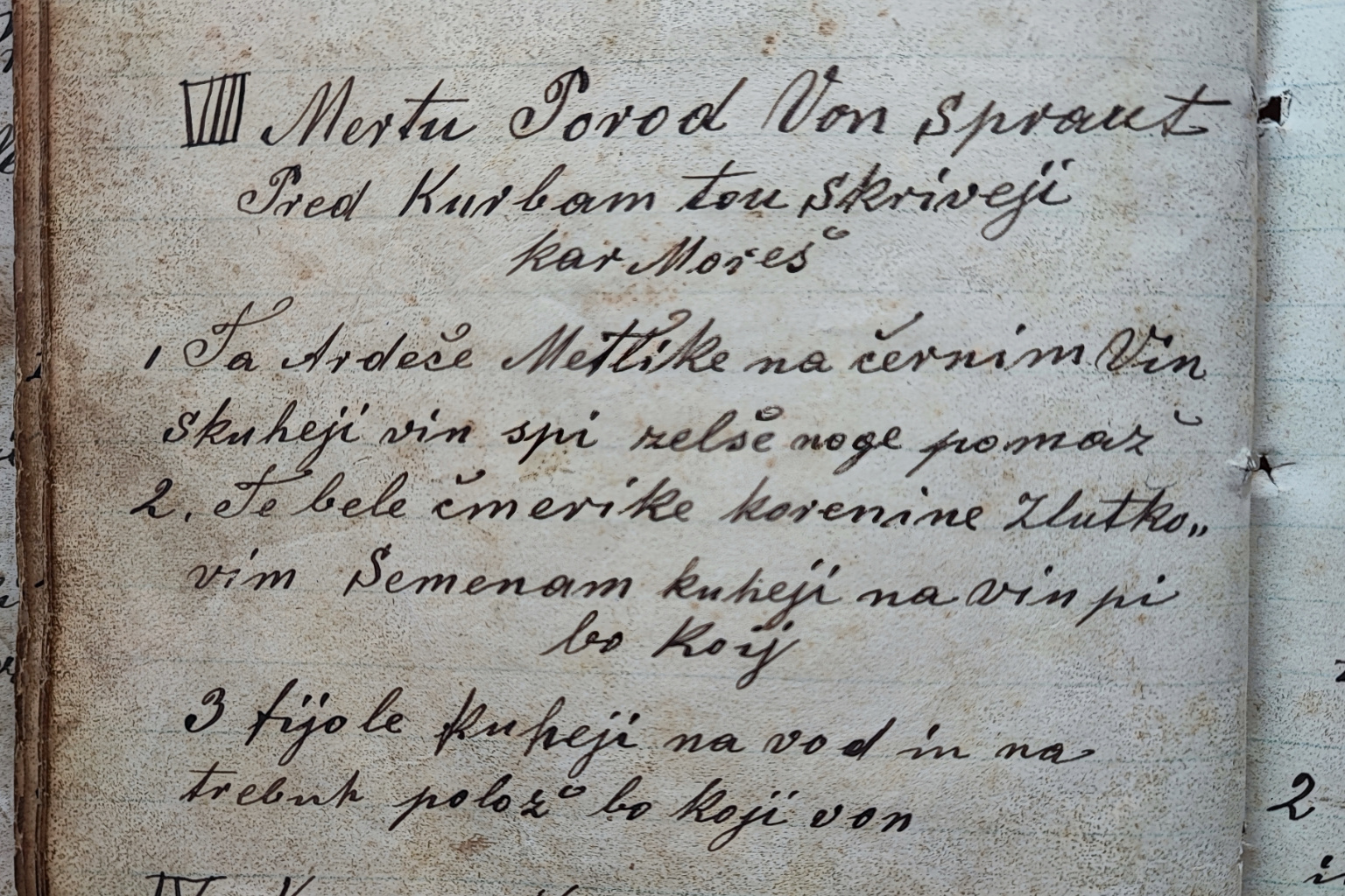 Scan of 19th century Slovenian manuscript showing abortion instructions in padarske bukve on page 75