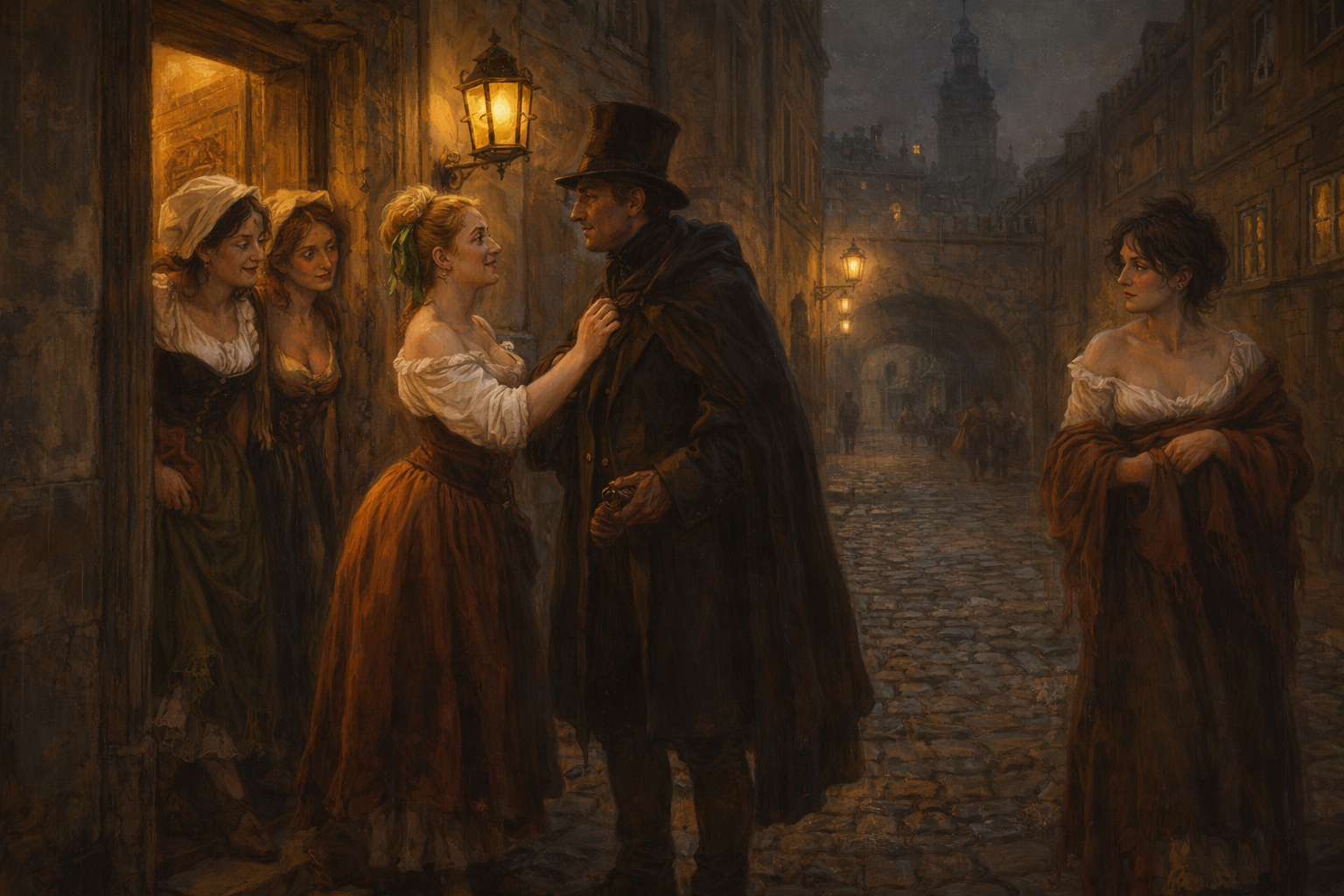 19th century Central European city street with prostitutes interacting with a client at night