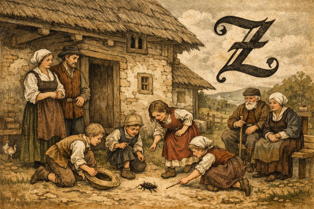 16th century Slovenian peasant family in front of a farmhouse, children catching a beetle, illustration inspired by Stična urbar records