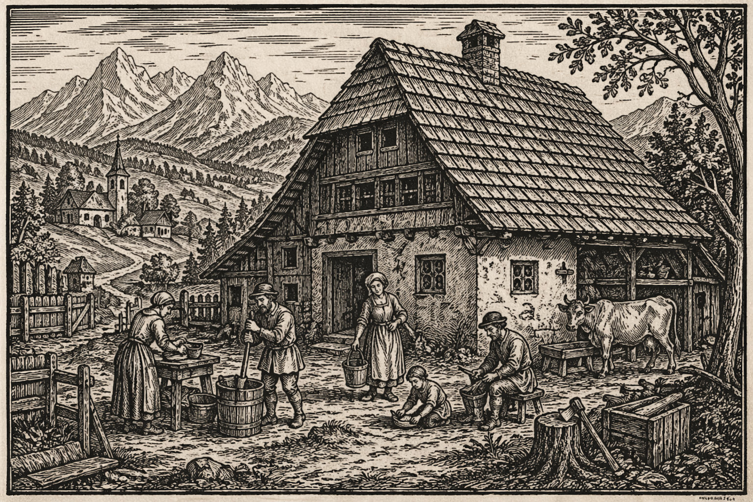 16th century Slovenian homestead in Gorenjska with family doing daily work, traditional wooden house with shingle roof and Alps in background