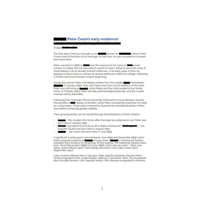 Page from an ancestral tour report describing a family homestead in Slovenia, including historical background and genealogy research details