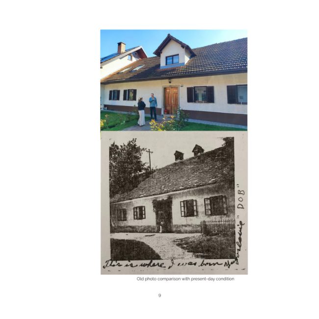 Comparison of a Slovenian ancestral homestead around 1900 and its present-day appearance, showing changes over time in a family property