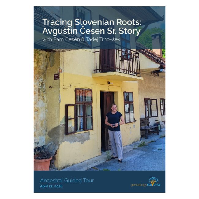 Cover of a professionally designed ancestral tour report from Slovenia, showing a personalized genealogy journey and family history documentation (April 2026)