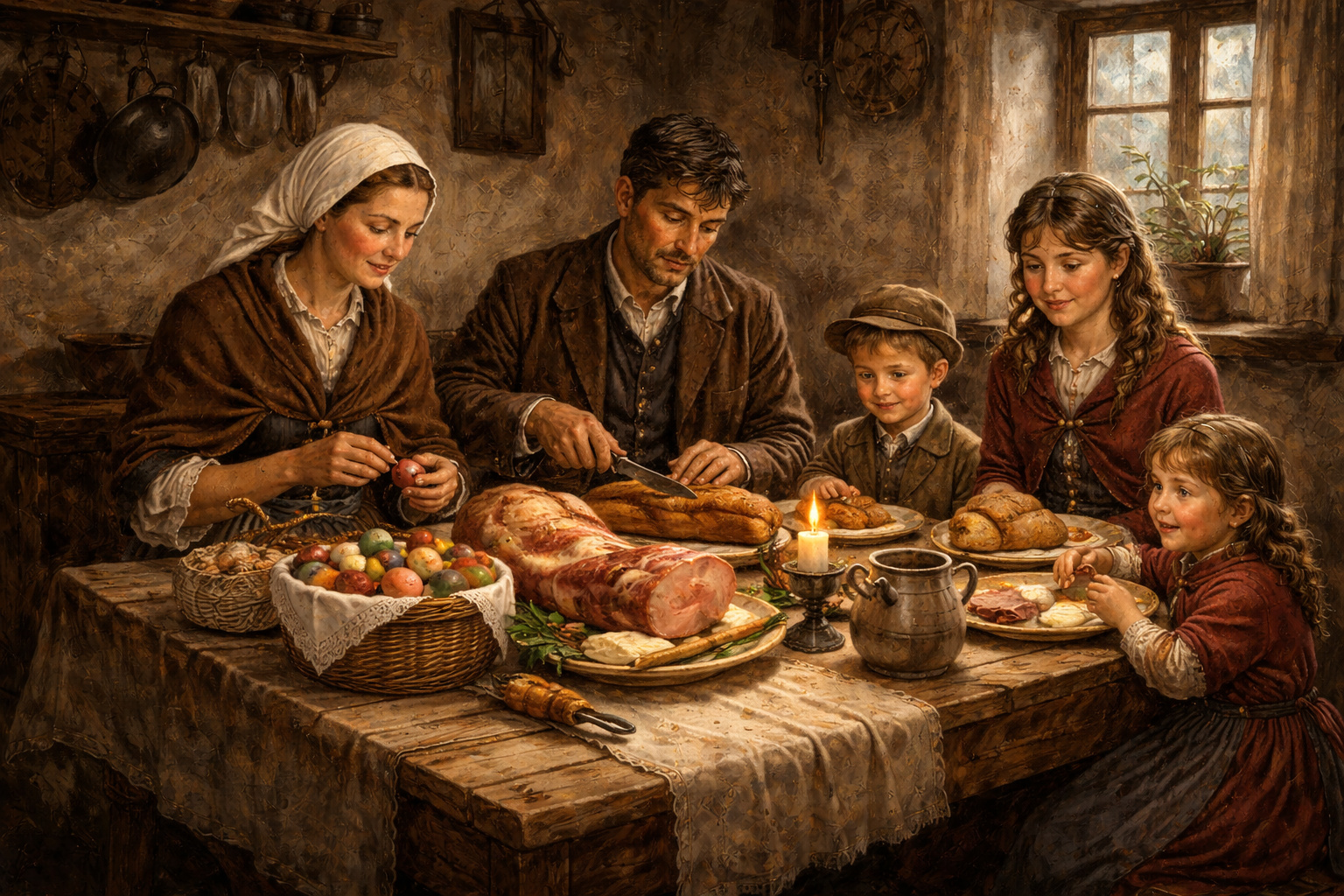 19th century Slovenian family sharing traditional Easter breakfast in a modest rural home