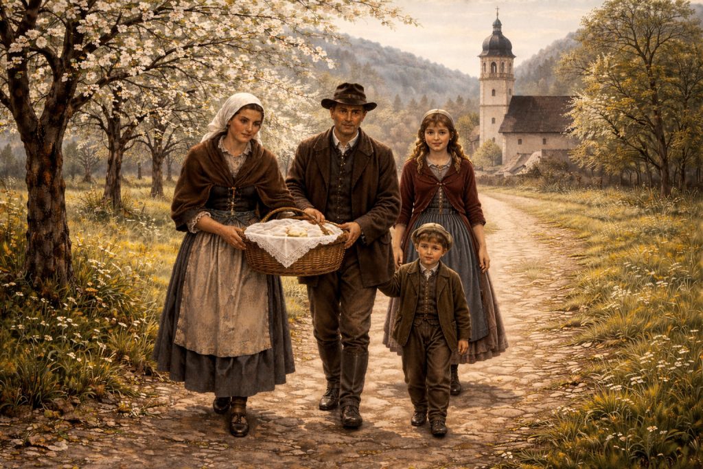 19th century Slovenian family carrying Easter food basket for blessing on Holy Saturday in rural village