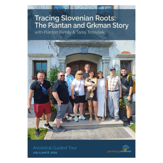 Cover of a personalized genealogy tour report from Slovenia, presenting a family history journey and ancestral research summary (2025)