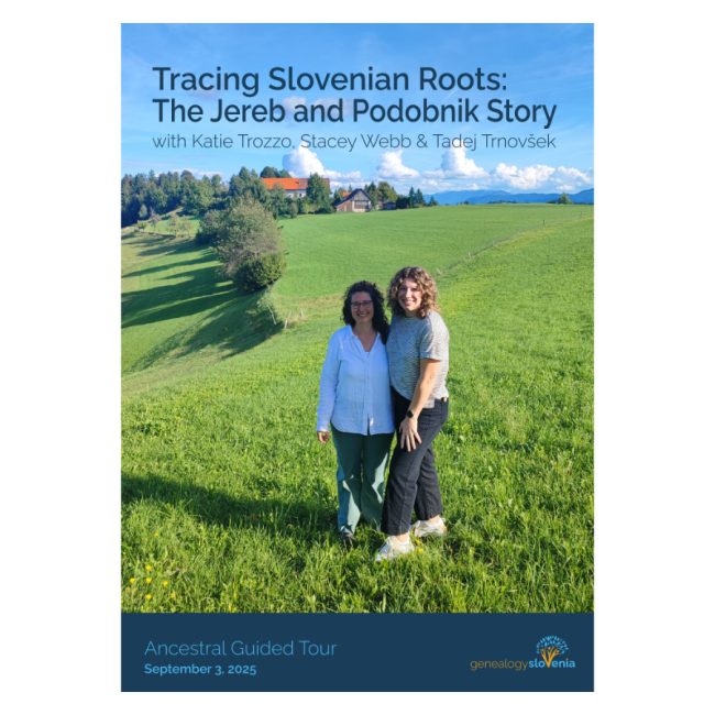 Cover of a personalized genealogy tour report from Slovenia, presenting a family history journey and ancestral research summary (2025)