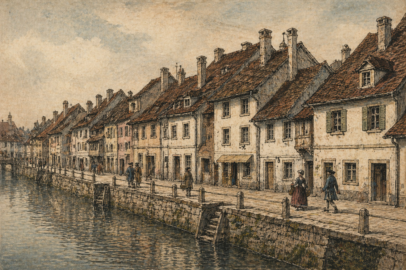Old Town Ljubljana in 1754 with houses along the Ljubljanica river, historical reconstruction of urban life in Slovenia