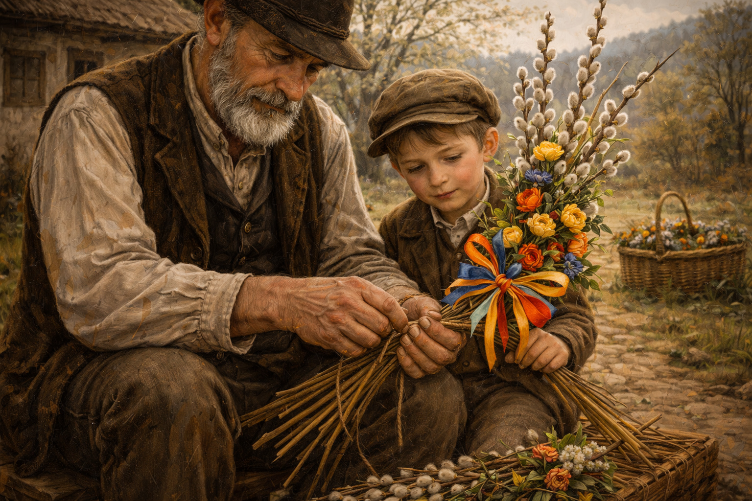 19th century Slovenian man and boy making traditional Easter butara bundle close-up
