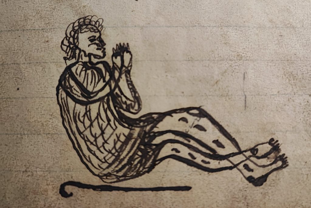 19th-century illustration of a wounded man praying for healing in a Slovenian folk medicine manuscript