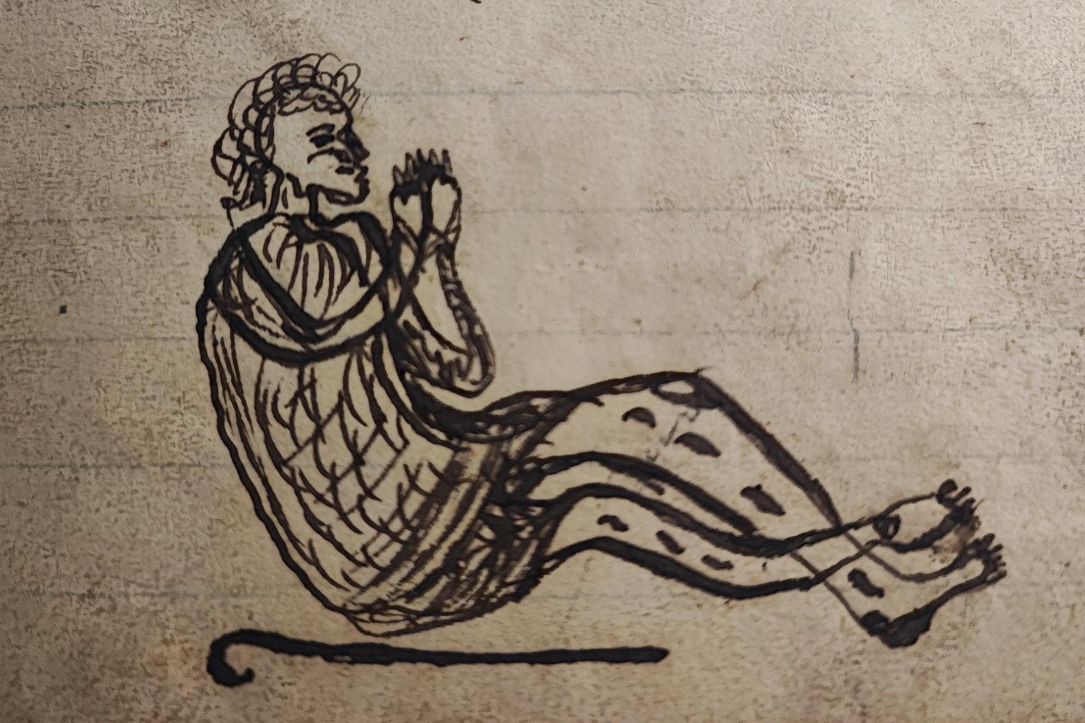 19th-century illustration of a wounded man praying for healing in a Slovenian folk medicine manuscript